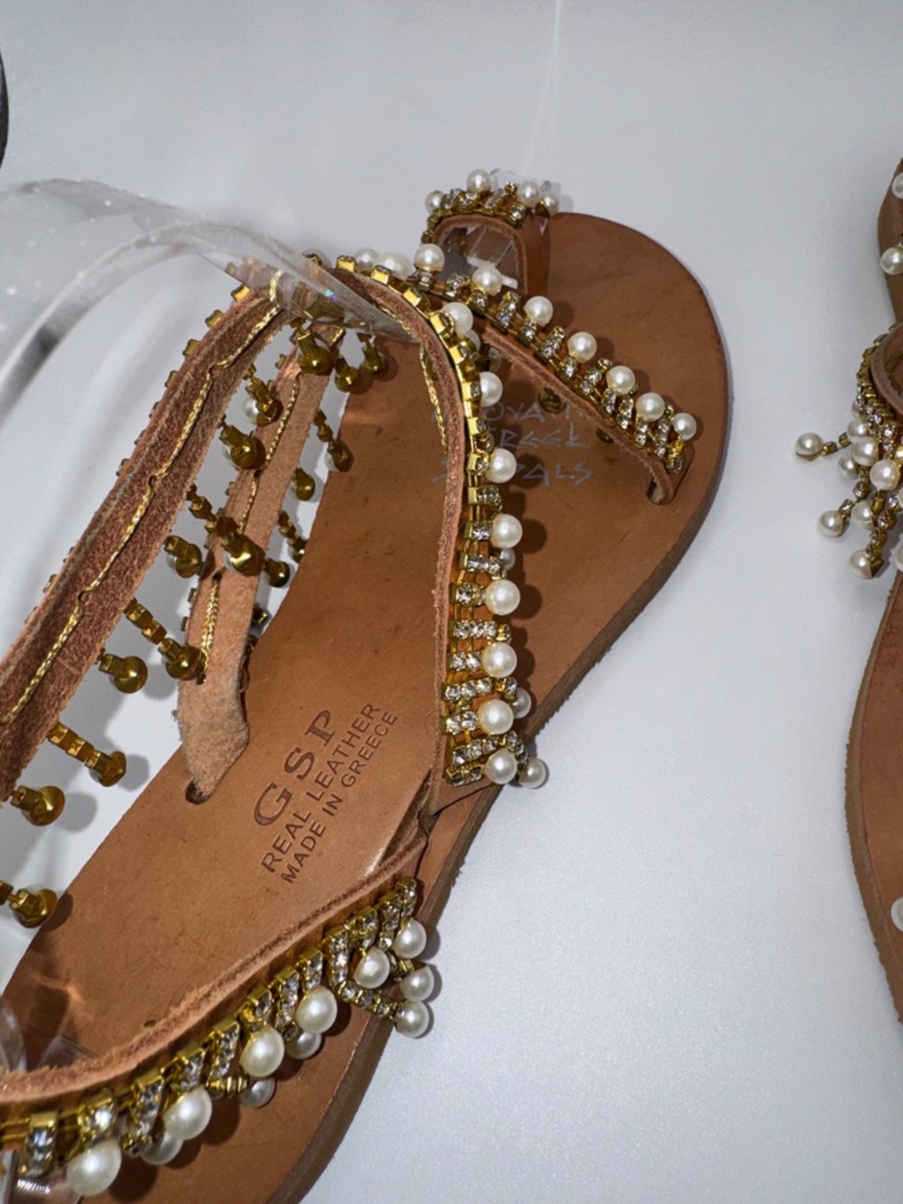 Innovative Greek Sandals GSP Real Leather Pearl Rhinestone Gold Flat Sandal - Picture 12 of 16